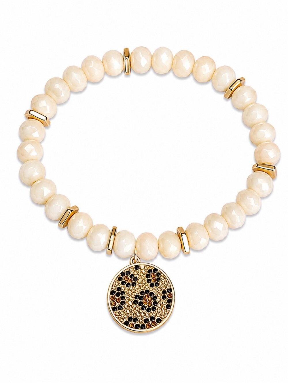 Cream Glass Beaded Leopard Print Charm Stretch Mobwife Bracelet
